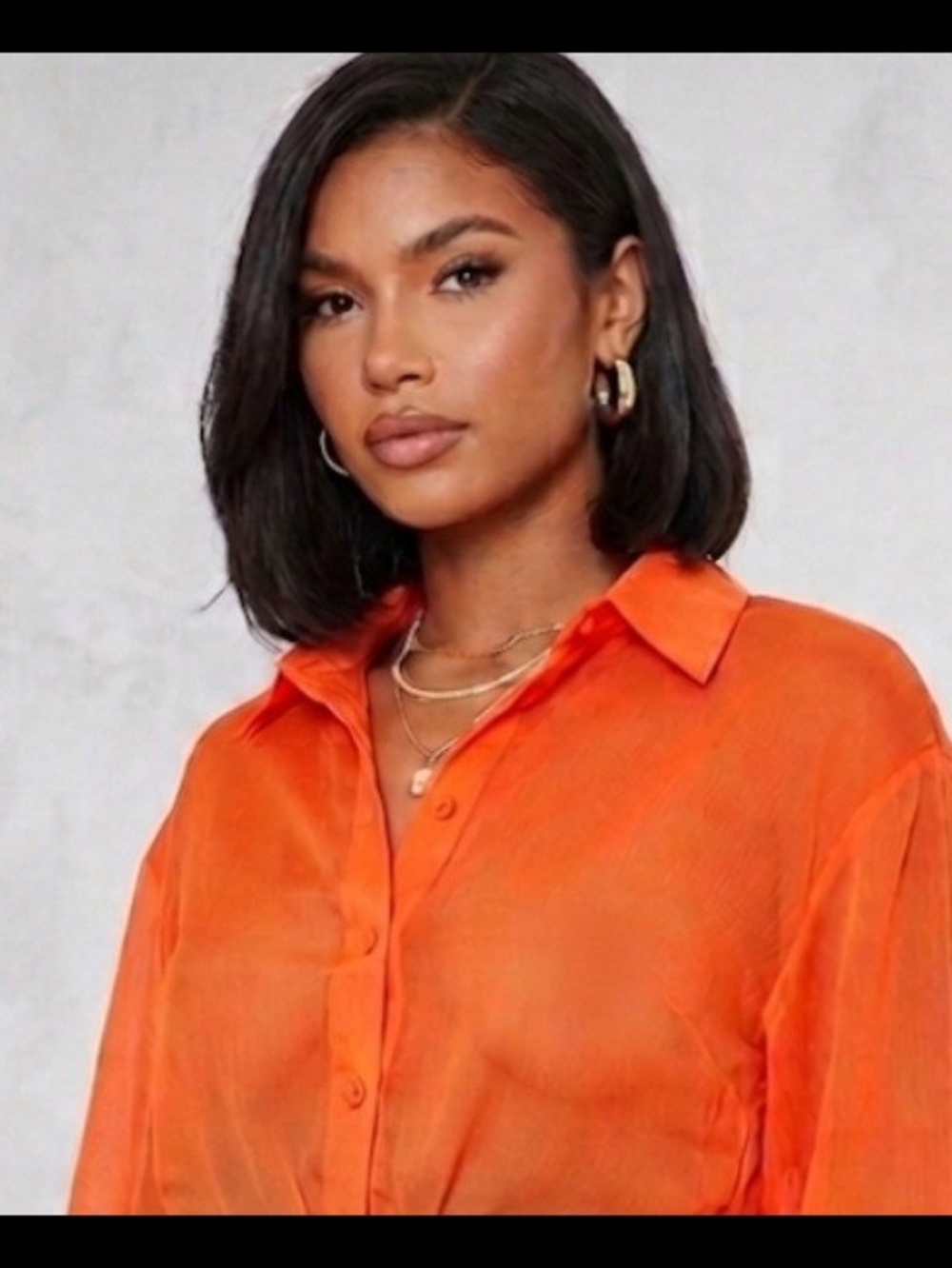 PrettyLittleThing Sheer Collared Button-Down Cropped Shirt in Orange Size 4